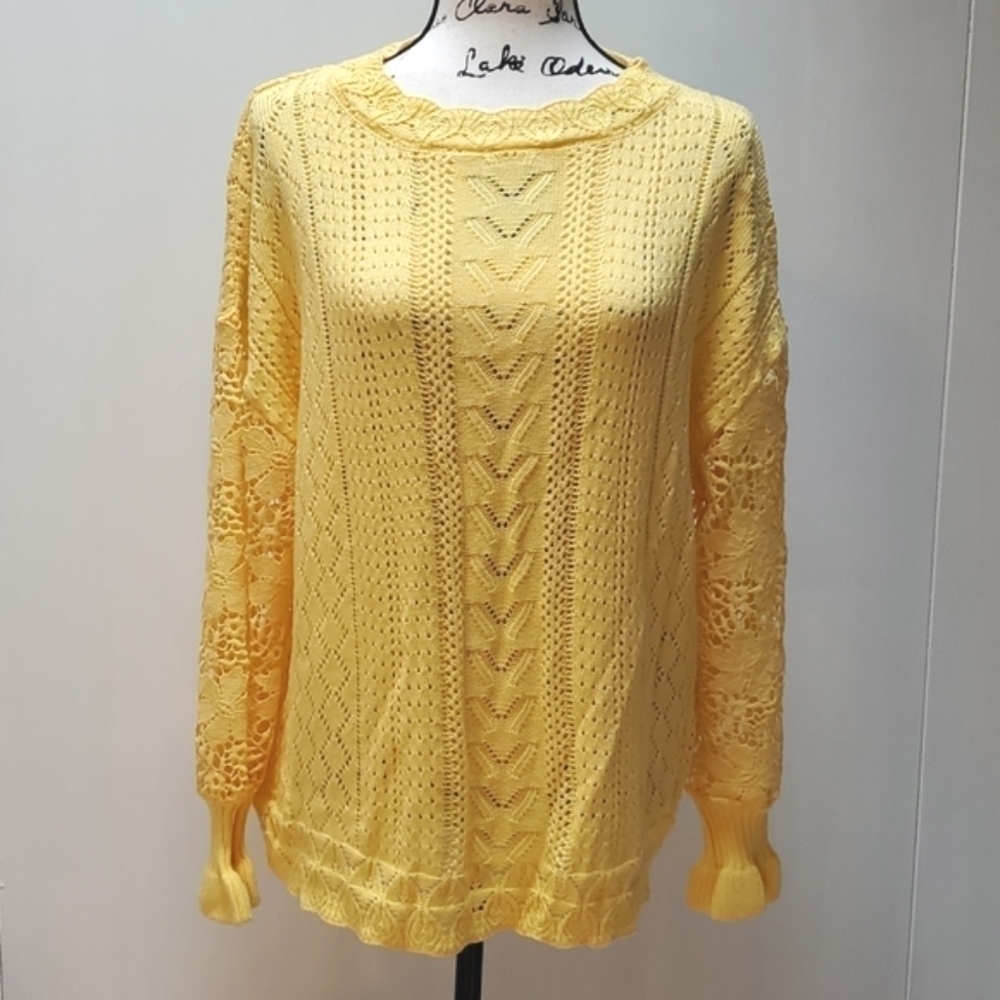 Women's Butter Yellow Crochet Cable Knit Sweater Open Sleeve Details  Sz.L